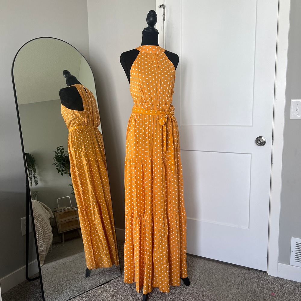 Polka Dot Maxi Dress Womens Mustard Yellow Halter‎ Tiered Cottagecore Prairie